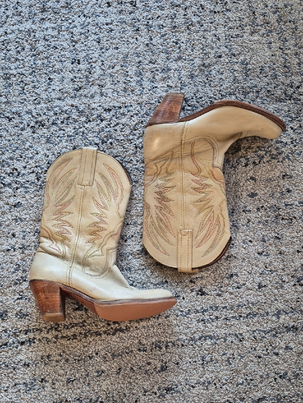 Frye Cream Leather Western Heeled Boots with Embroidered Detail
